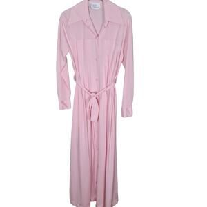 Vintage 70s Pink Nylon Long Button Front Robe Pointed Collar Medium